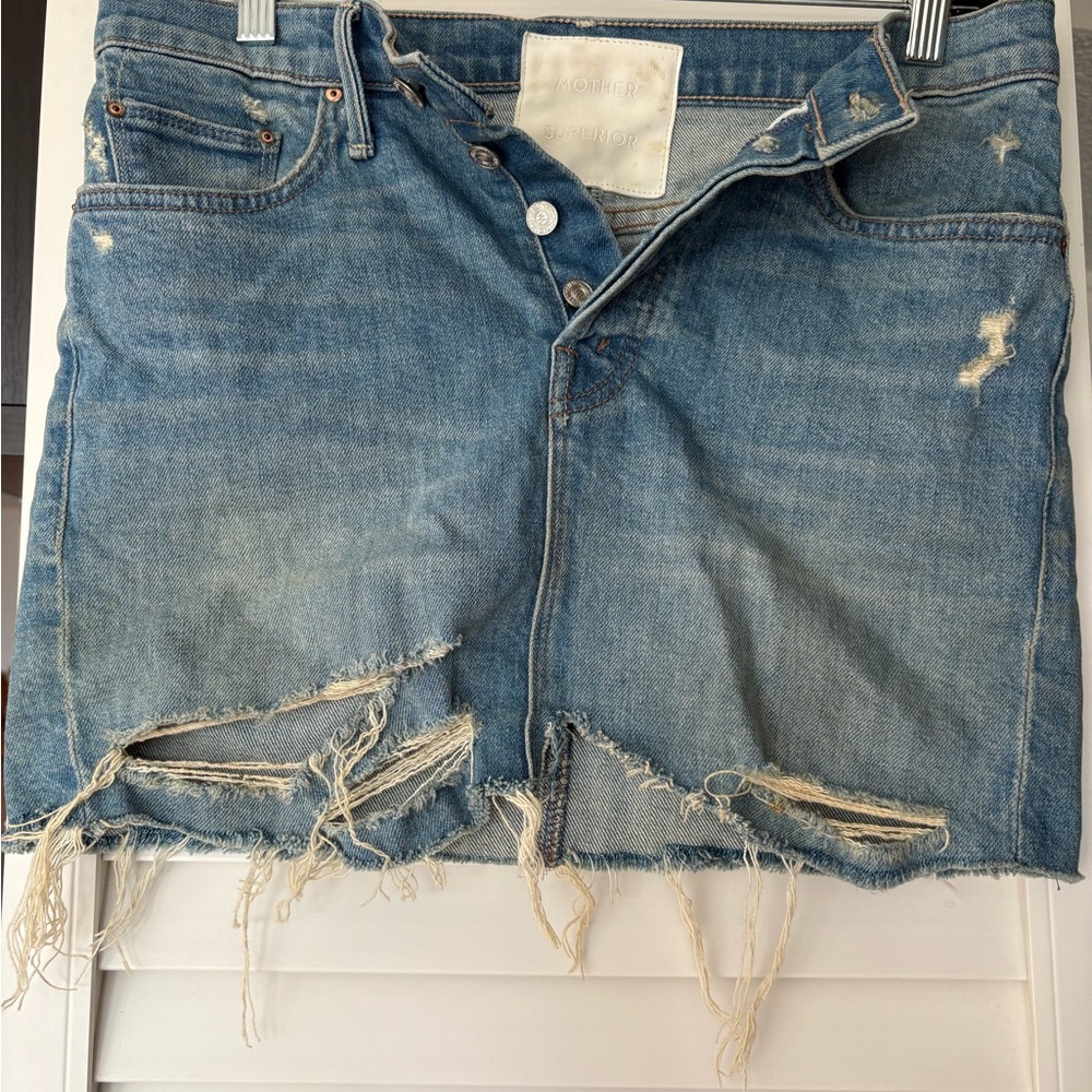 MOTHER Superior "The Vagabond" Mini Fray Denim Skir